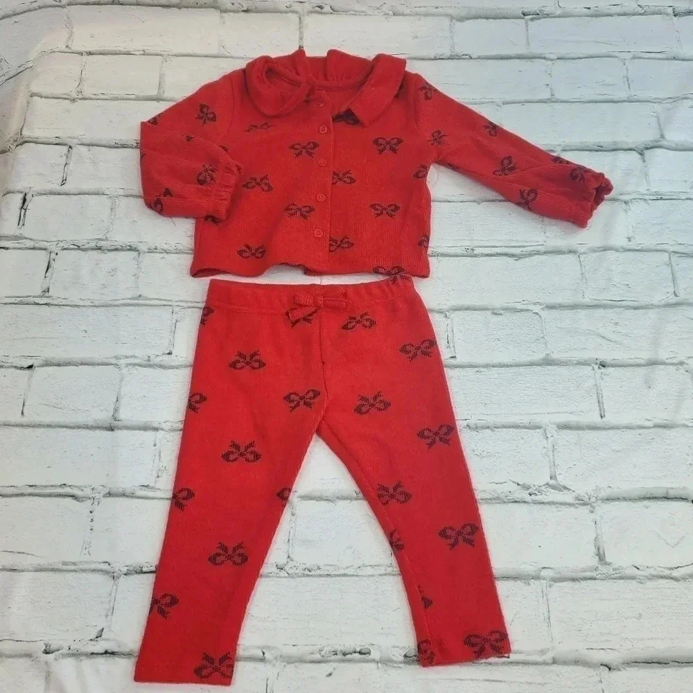 18M Red and Black Bow Cardigan Pant Set Unisex Kids Clothes Matching Holiday